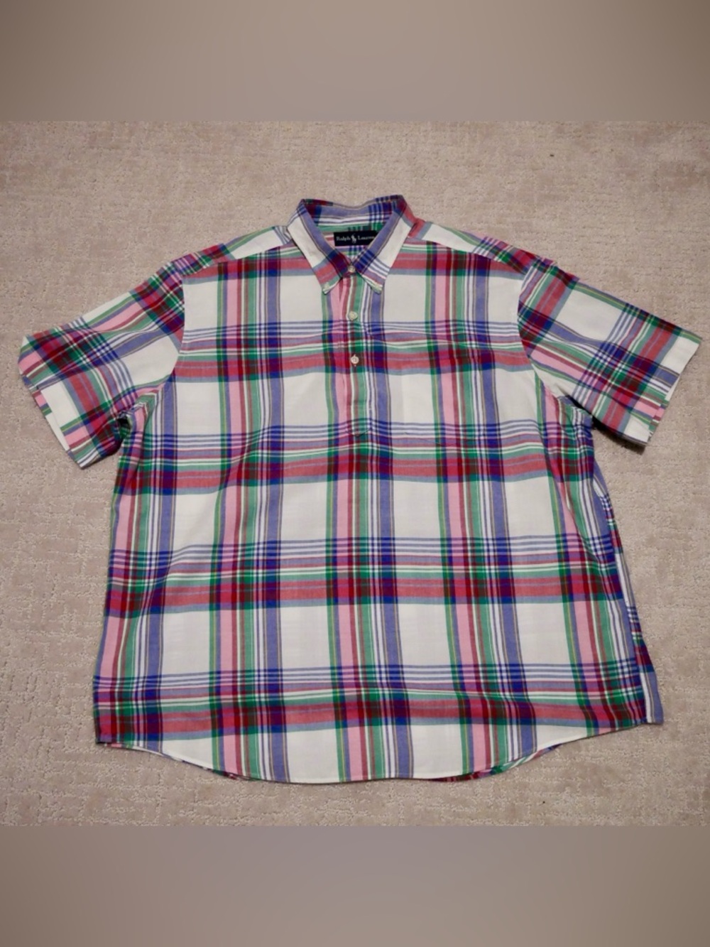 Ralph‎ Lauren Mens XL Plaid Popover Shirt Short Sleeve Multi Color Button Down